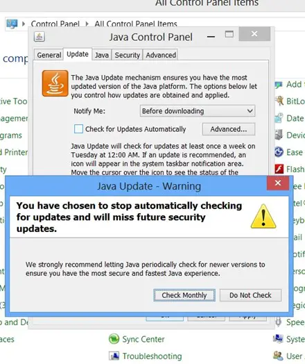 How to Disable Java Automatic Updates in Windows 8?